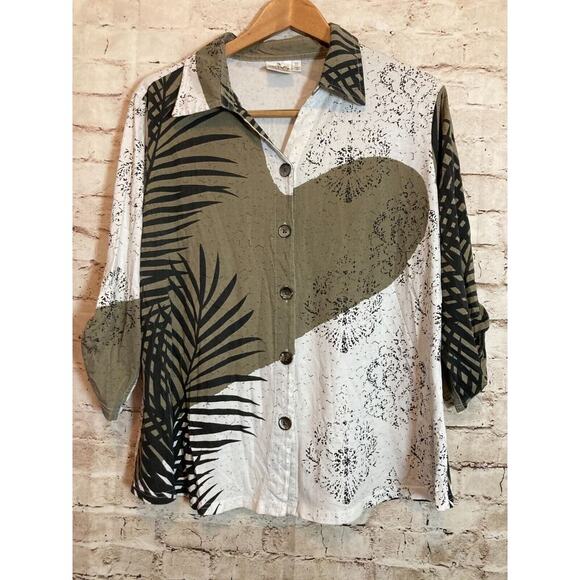 Parsley and Sage Top Womens XL Tropical Jungle Button Up Roll Tab Sleeve Cotton - Picture 1 of 12